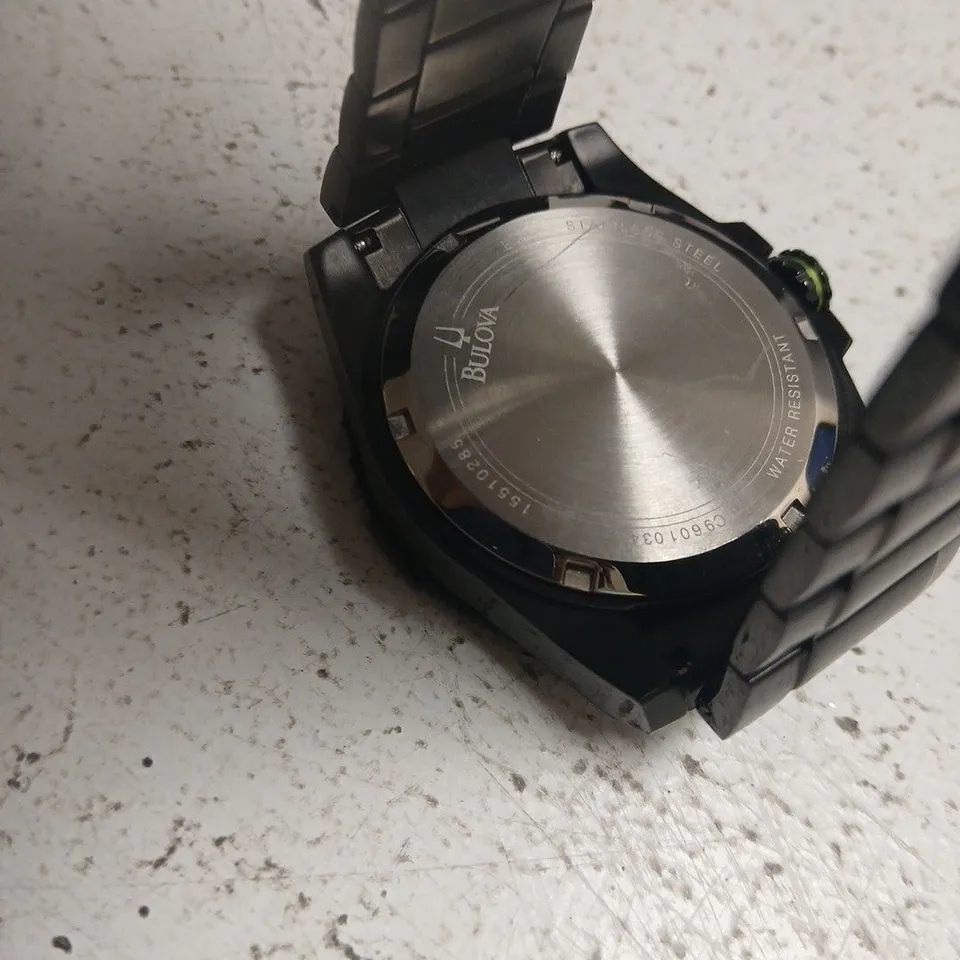 BULOVA MARINE STAR STAINLESS STEEL WATCH – BLACK DIAL WITH GREEN ACCENTS
