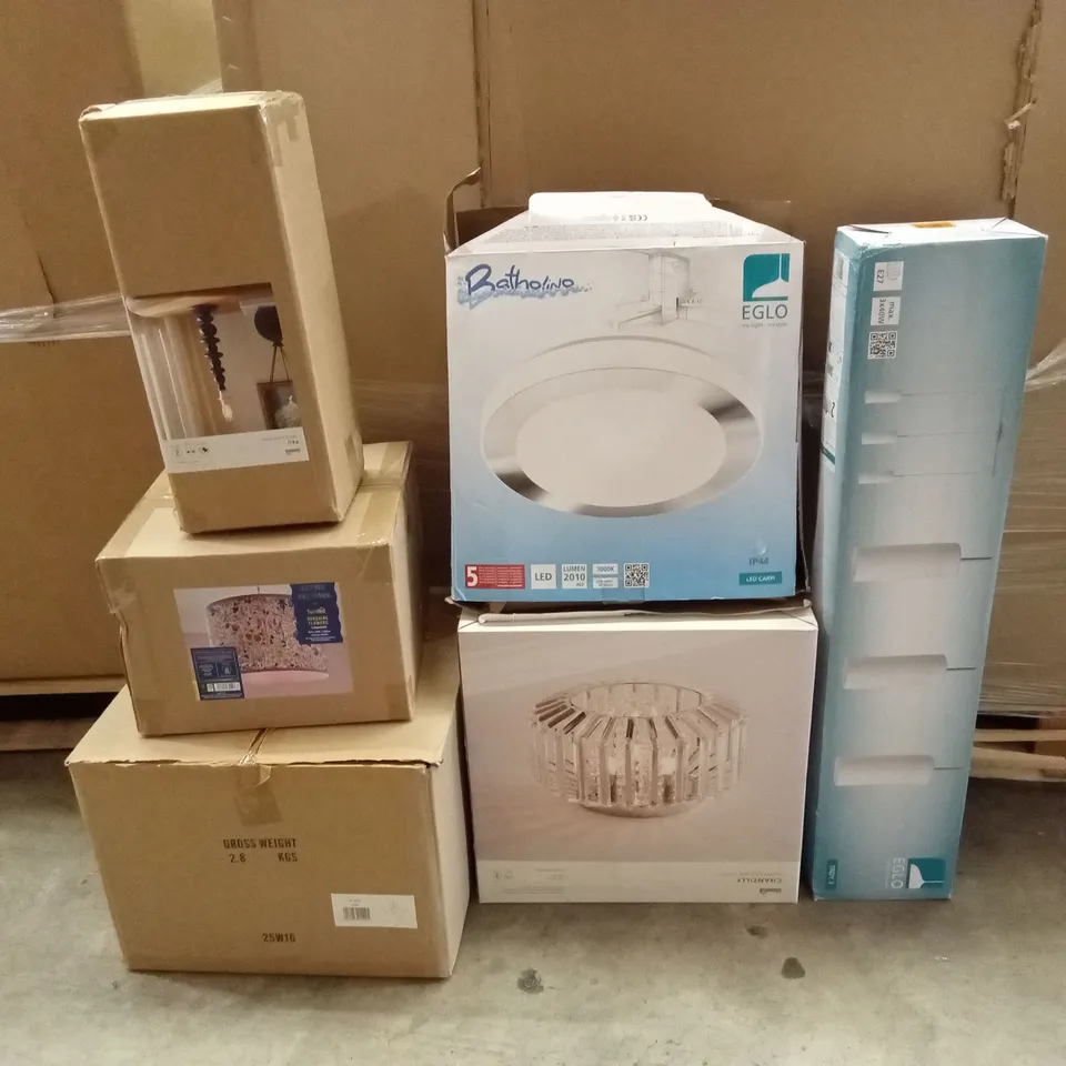 PALLET TO CONTAIN APPROXIMATELY 30 DESIGNER INDOOR LIGHTING PRODUCTS TO INCLUDE; WALL LIGHTS, CEILING LIGHTS, LIGHT SHADES ETC