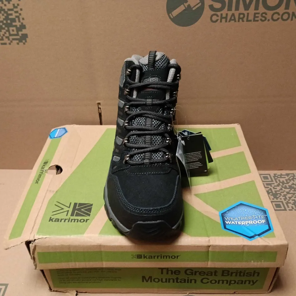 BOXED PAIR OF KARRIMOR MOUNT MID 10 WEATHERTITE BOOTS IN BLACK - UK 8.5