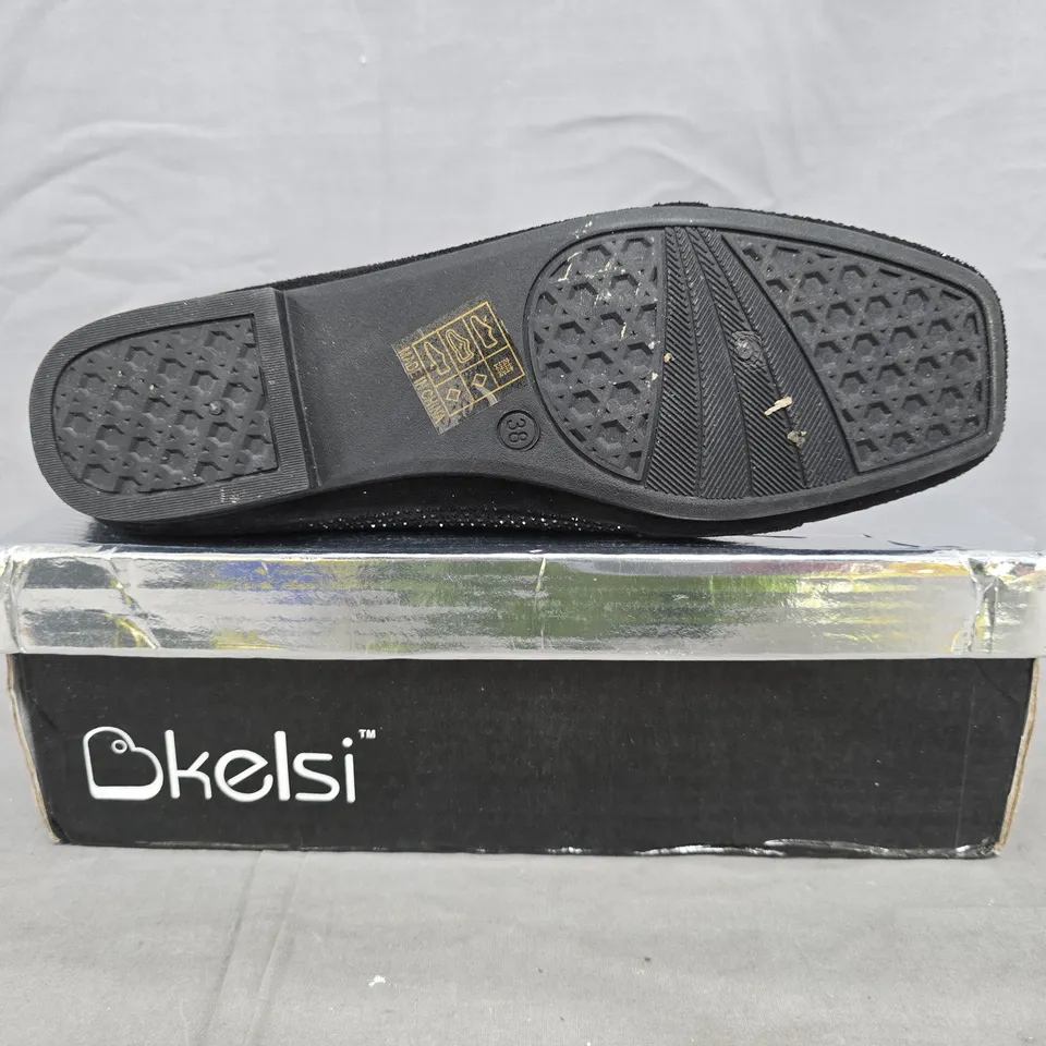 BOXED PAIR OF KELSI SLIP-ON SHOES IN BLACK W. DIAMANTE EFFECT SIZE EU 38