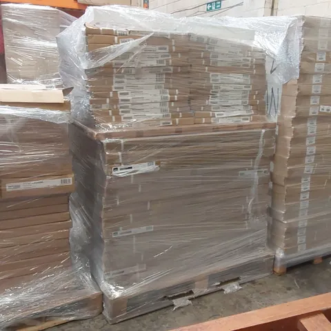 PALLET CONTAINING A LARGE ASSORTMENT OF BRAND NEW OFFICE FURNITURE PARTS TO INCLUDE: ECO 18 600MM RH RADIAL CANTILEVER LEGS, NOBO PREMIUM PLUS CLEAR ACRYLIC DESK DIVIDERS ECT 
