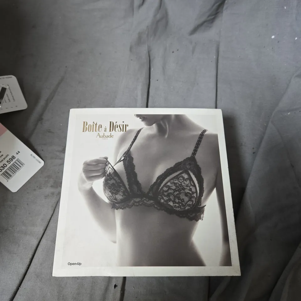 BOX OF APPROXIMATELY 25 ASSORTED ITEMS INCLUDING AUBADE PARIS TOP , ROSA FAIA POWDER ROSE SHIRT , GOSSARD BRA AND BOITE A DESIR AUBABE BRA