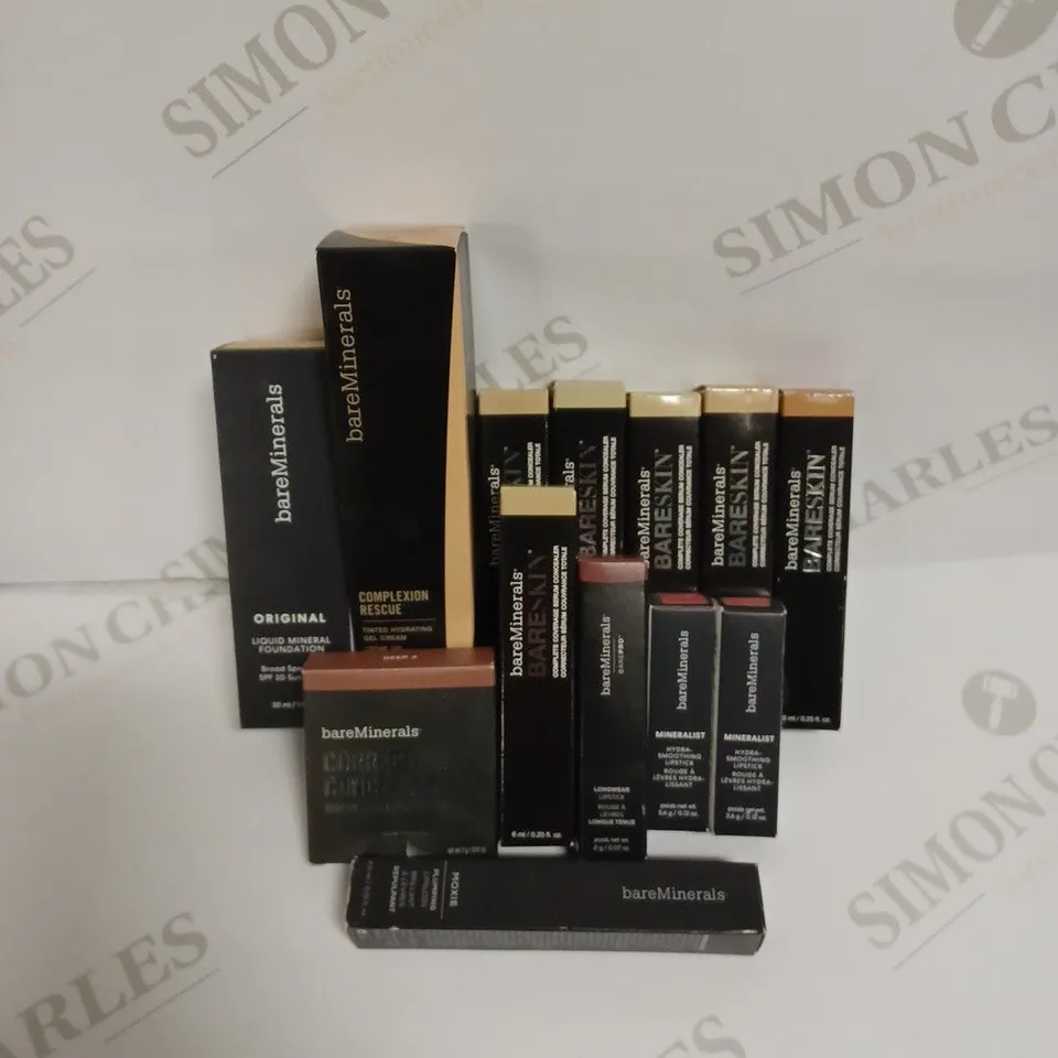 LOT OF 13 ASSORTED BARE MINERALS BEAUTY PRODUCTS TO INCLUDE LIQUID FOUNDATION, HYDRATING GEL CREAM, CONCEALER, LIP GLOSS, AND LIPSTICK 