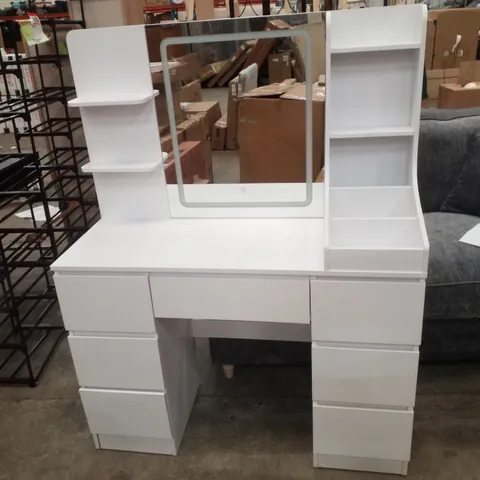 ROSSE DRESSING TABLE WITH 3 COLORFUL LIGHT MIRROR 7 DRAWERS AND 7 STORAGE SHELVES MAKEUP DESK 110CM DESKTOP VANITY TABLE - WHITE