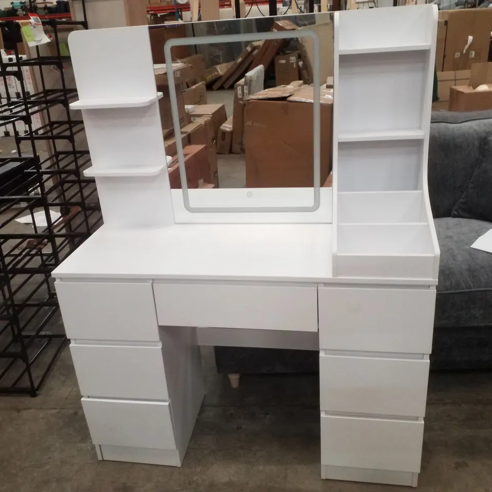 ROSSE DRESSING TABLE WITH 3 COLORFUL LIGHT MIRROR 7 DRAWERS AND 7 STORAGE SHELVES MAKEUP DESK 110CM DESKTOP VANITY TABLE - WHITE