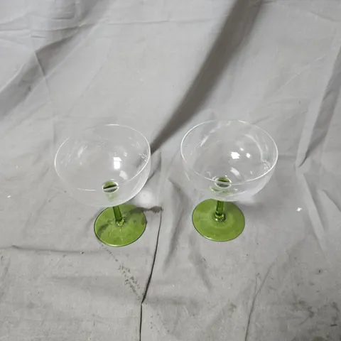 &K AMSTERDAM COUPE CHAMPAGNE GLASSES – SET OF 2 WITH GREEN STEMS