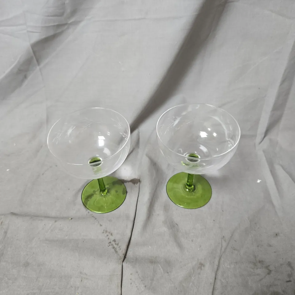 &K AMSTERDAM COUPE CHAMPAGNE GLASSES – SET OF 2 WITH GREEN STEMS