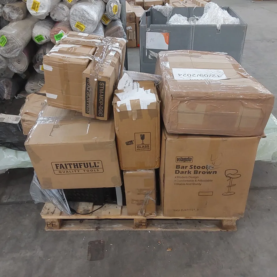 PALLET OF ASSORTED HOUSEHOLD GOODS AND INCOMPLETE FURNITURE PARTS 