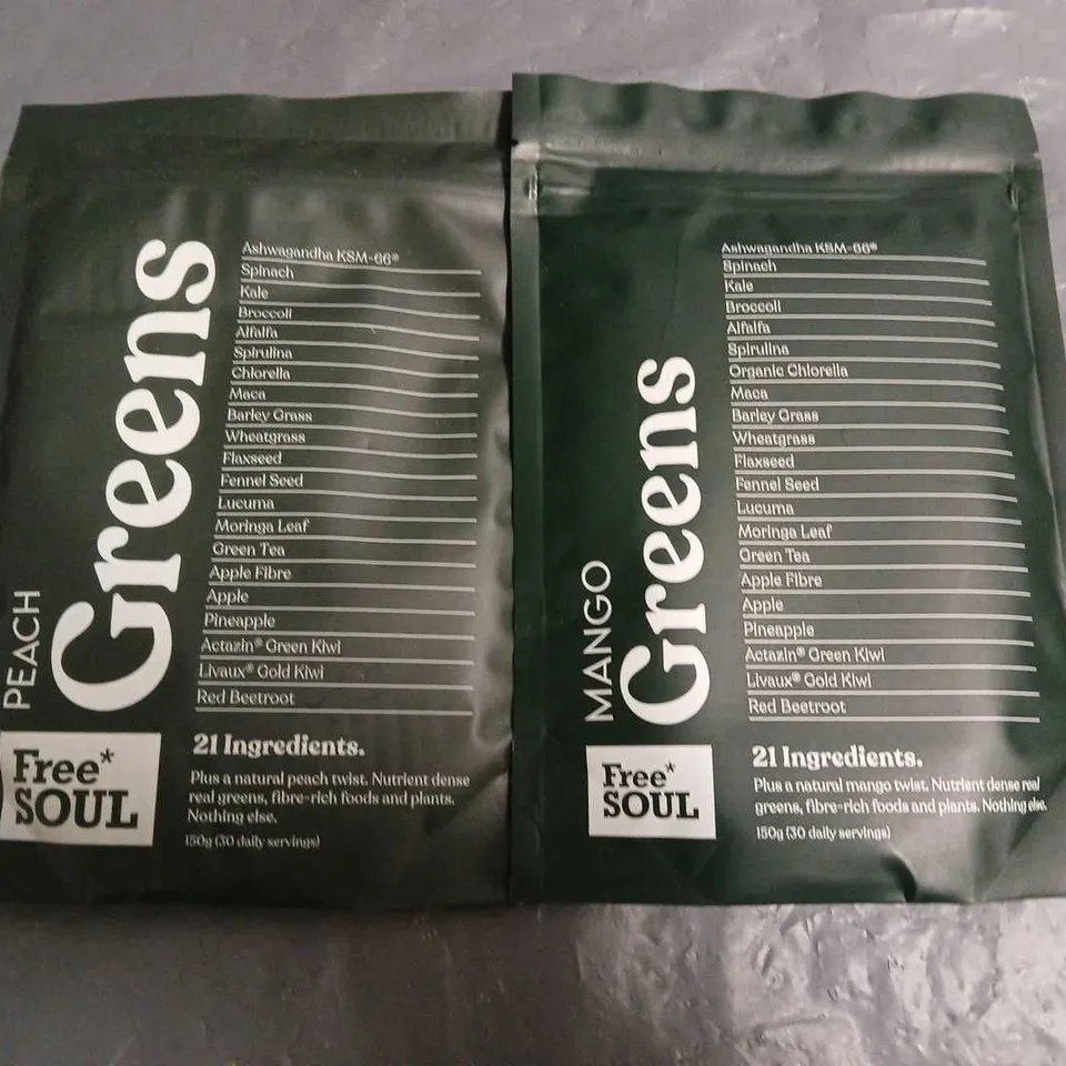 LOT OF 2 FREE SOUL 150G PACKS OF GREENS - PEACH AND MANGO