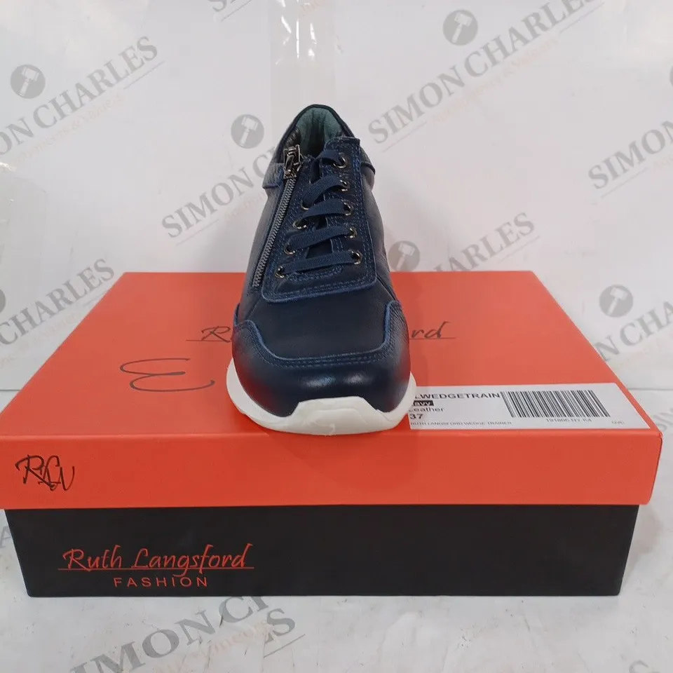 BOXED PAIR OF RUTH LANGSFORD WEDGE TRAINERS IN NAVY SIZE 4
