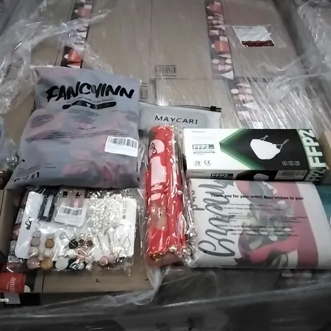 PALLET OF ASSORTED ITEMS INCLUDING Q HANGER HOOKS, HAIR CLIP SET, DIY EYELASH EXTENSION, SCALP MASSAGING SHAMPOO BRUSH, FILTERING HALF MASK, CHRISTMAS DECORATIONS