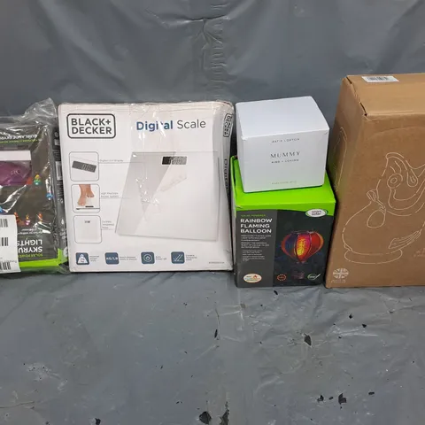 APPROXIMATELY 10 ASSORTED DAMAGED HOUSEHOLD GOODS TO INCLUDE DIGITAL SCALE, GARDEN LIGHTS, AND WADE JUG ETC.