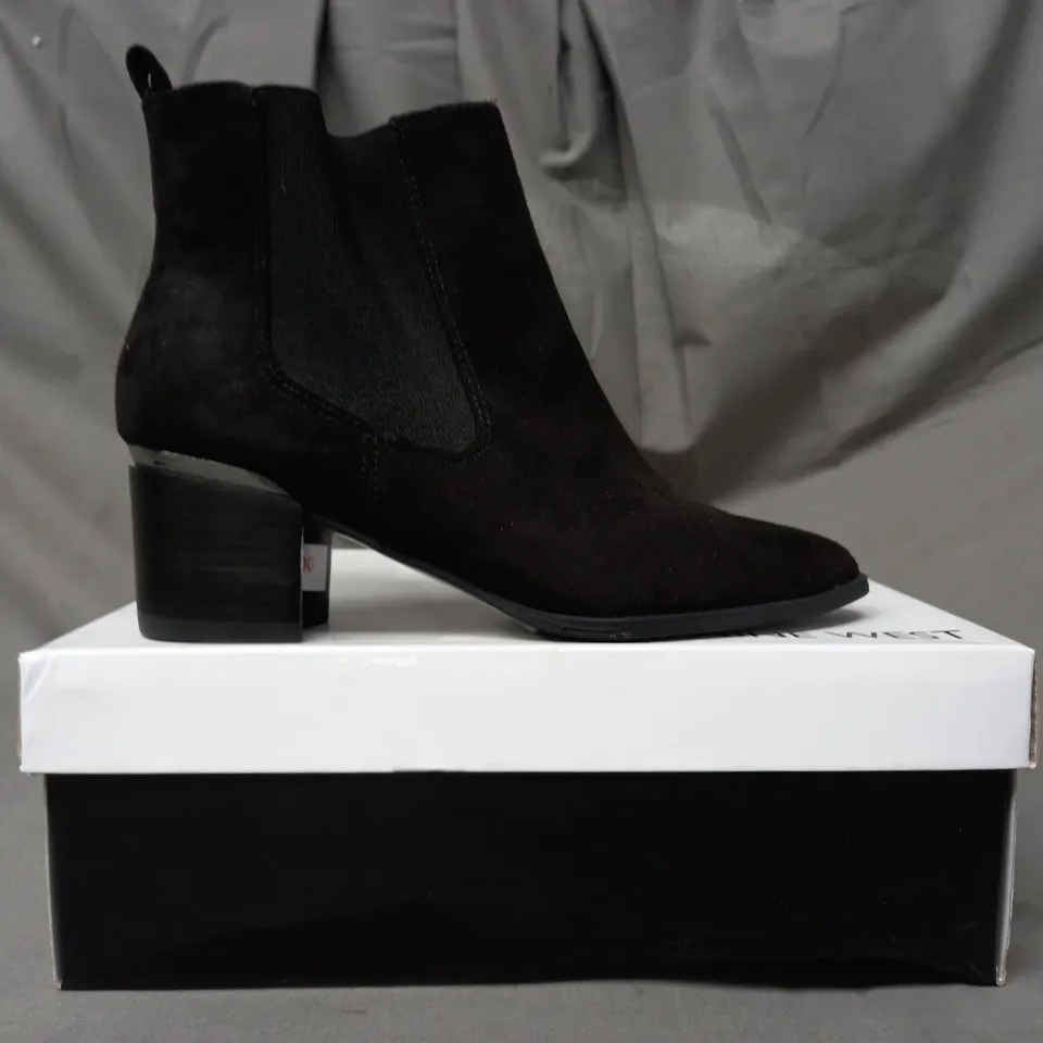 BOXED PAIR OF NINE WEST TAY SUEDETTE ANKLE BOOTS IN BLACK EU SIZE 35