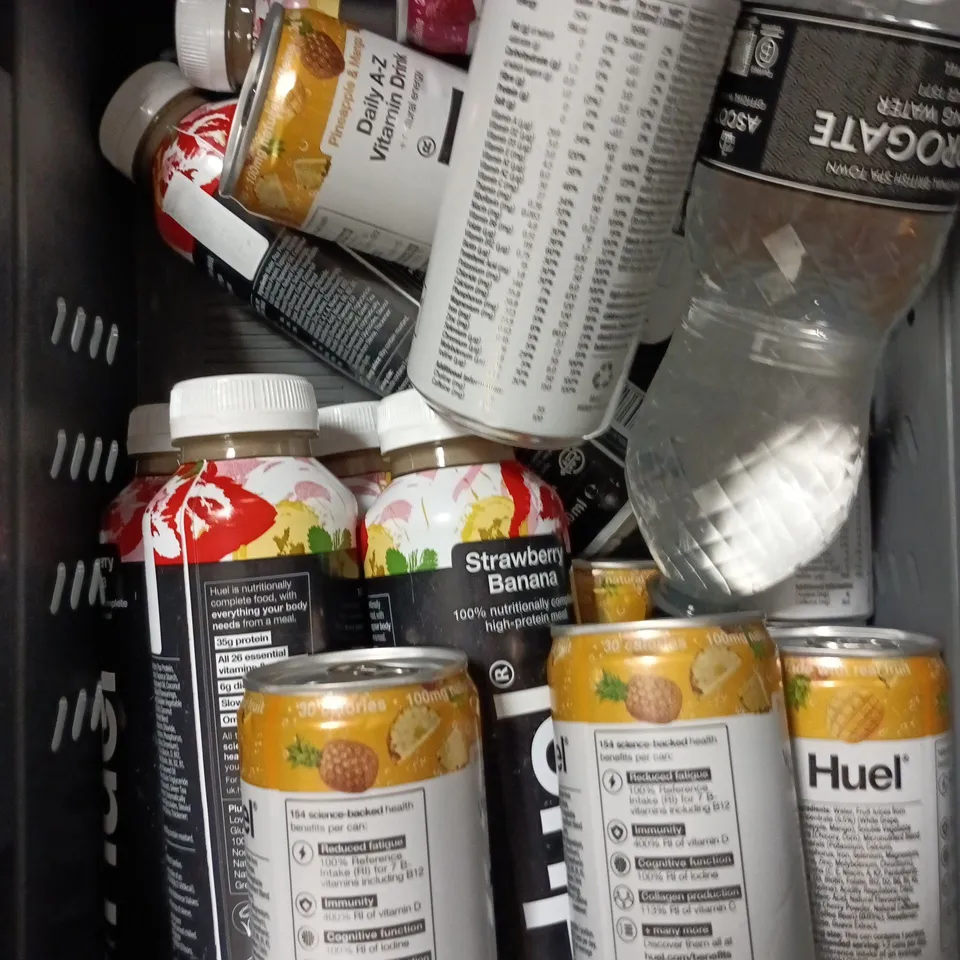 APPROXIMATELY 10 ASSORTED DRINK PRODUCTS TO INCLUDE HUEL & HARROGATE WATER 