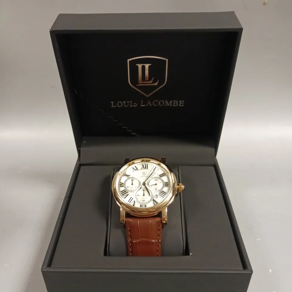 MENS LOUIS LACOMBE CHRONOGRAPH WATCH – MULTI FUNCTION DIAL WITH DATE – ROMAN NUMERAL DIAL – LEATHER STRAP