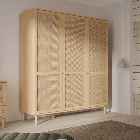 BOXED LIVIA WARDROBE WITH 3 HINGED DOORS AND WOVEN RATTAN DETAIL IN OAK COLOUR (4 BOXES)