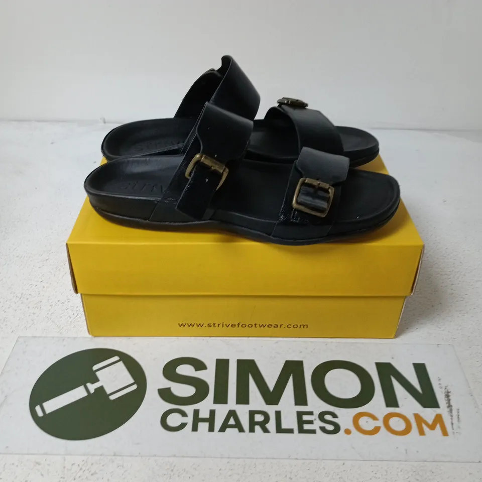 BOXED PAIR OF STRIVE CAPRERA ALL BLACK SANDALS - UK 6