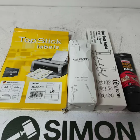 APPROXIMATELY 5 ASSORTED HOUSEHOLD PRODUCTS TO INCLUDE TOP STICK LABLES , UNIBOND AND OVER DOOR HOOKS 