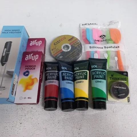LOT OF APPROXIMATELY 15 ASSORTED HOUSEHOLD ITEMS TO INCLUDE ACRYLIC PAINTS, MILK FROTHER AND SPATULAS
