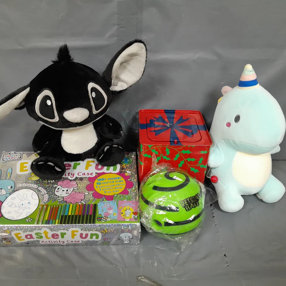 LARGE BOX OF APPROXIMATELY 15 ASSORTED TOYS AND GAMES TO INCLUDE TEDDIES, ACTIVITY CASE