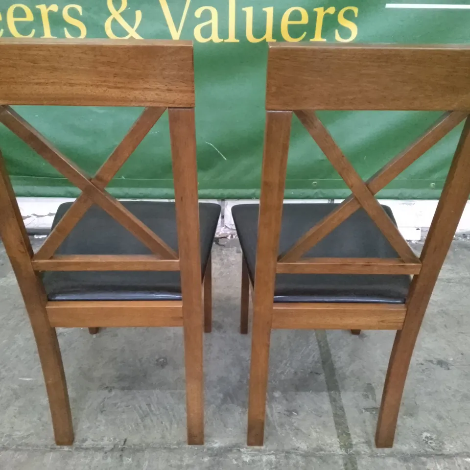 SET OF 2 NEW KENDAL DARK WOOD DINING CHAIRS (BLACK LEATHER SEAT PAD)