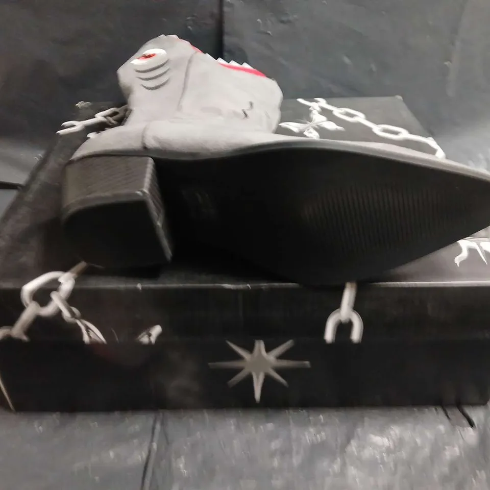 BOXED PAIR OF KOI GREY SUEDE MID-CALF BOOTS WITH JAGGED WHITE TRIM AND RED TOP – UK 3 