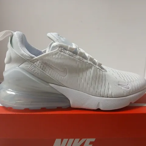 BOXED PAIR OF NIKE AIR MAX 270 GS SNEAKERS – WHITE/WHITE-METALLIC SILVER, UK 6 