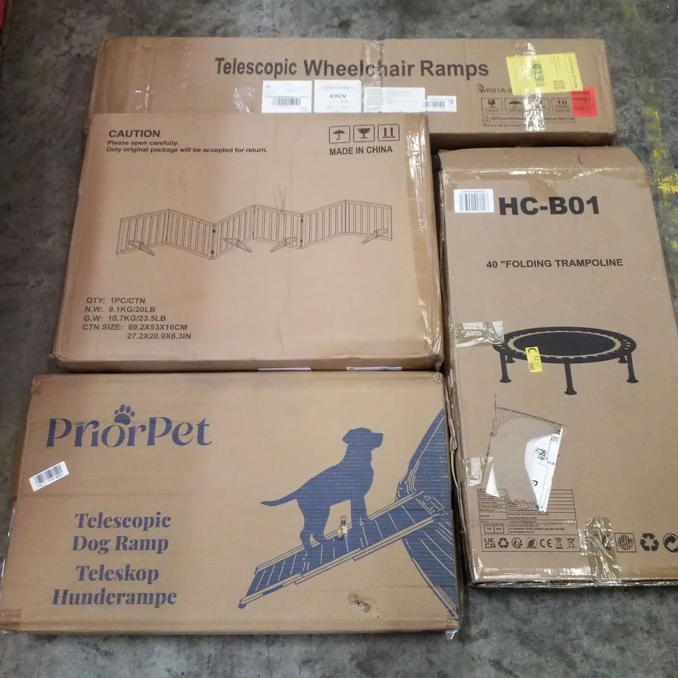 PALLET CONTAINING ASSORTED PRODUCTS INCLUDING WHEELCHAIR RAMPS, 40" FOLDING TRAMPOLINE, TELESCOPIC DOG RAMP & DOG GATE