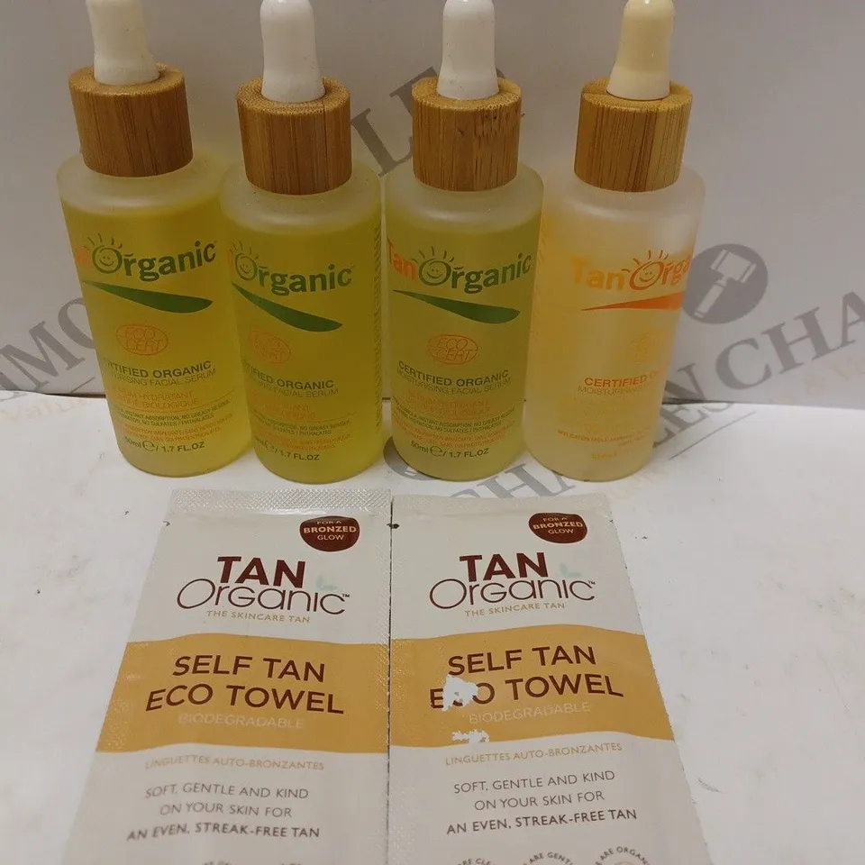 BOX OF 4 X 50ML BOTTLES OF TANORGANIC MOISTURISING FACIAL SERUM & 2 SELF-TAN ECO TOWELS