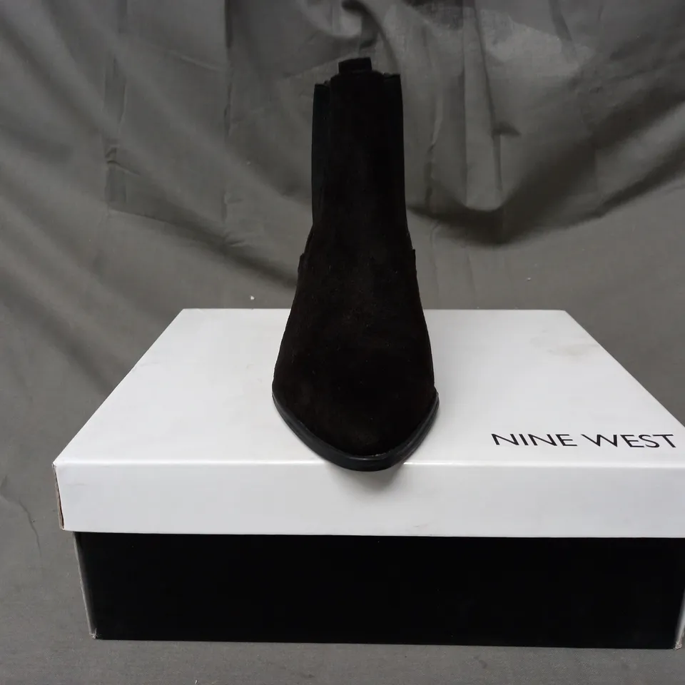 BOXED PAIR OF NINE WEST TAYE SYNTHETIC SUEDETTE ANKLE BOOTS IN BLACK EU SIZE 35