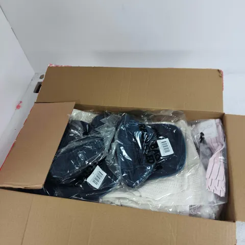 BOX OF APPROXIMATELY 15 ASSORTED CLOTHING ITEMS TO INCLUDE: CURVED 5 PANEL HAT