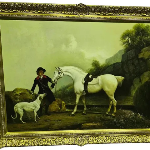 "A GREY HUNTER WITH A GROOM AND A GREYHOUND AT CRESWELL CRAGS"  1762 OIL PAINTING