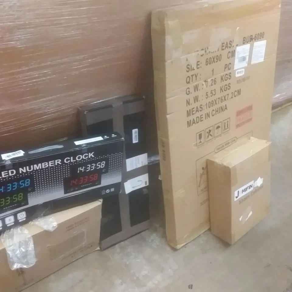 PALLET OF ASSORTED ITEMS INCLUDING LED NUMBER CLOCK, SHOE CABINET, FLIP CHART EASEL, GARMENT STEAMER