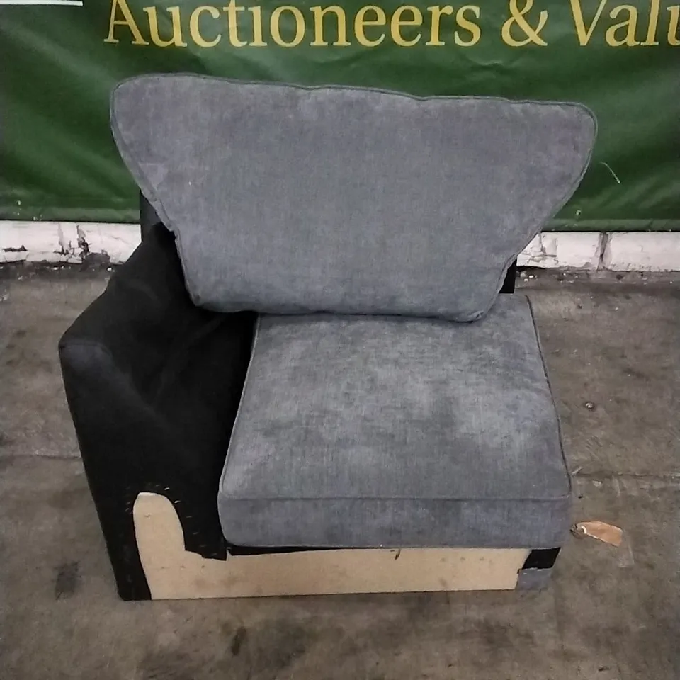 BLACK LEATHER ARMCHAIR WITH GREY CUSHIONS (MISSING ARM)