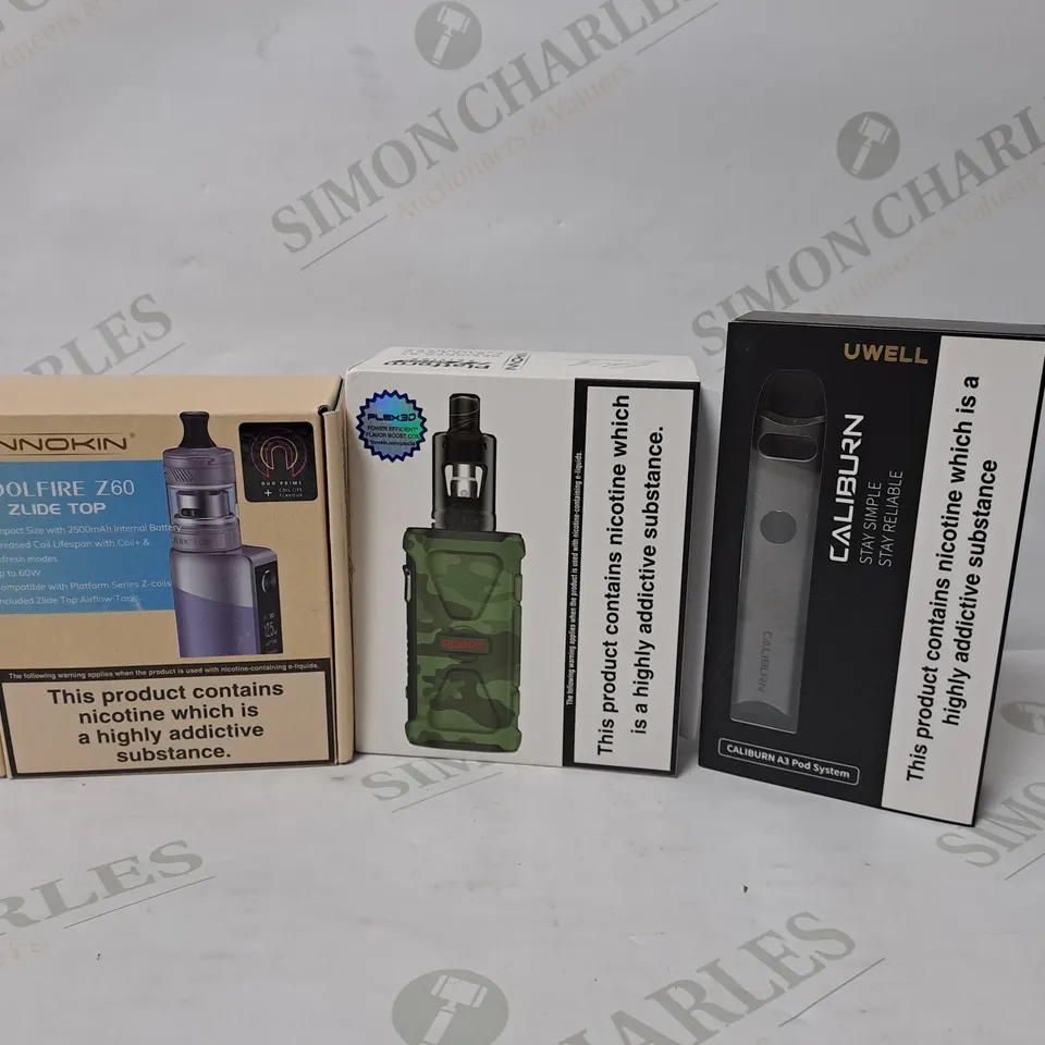 APPROXIMATELY 10 ASSORTED E-CIGARETTE PRODUCTS TO INCLUDE INNOKIN ADEPT ZLIDE, UWELL CALIBURN A3 POD SYSTEM, INNOKIN COOLFIRE Z60 ZLIDE TOP 