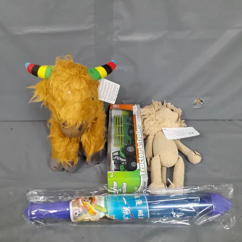 LARGE BOX OF APROXIMATELY 10 ASSORTED TOYS AND GAMES TO INCLUDE TEDDIES, TOY CAR AND WATER SPRAYER