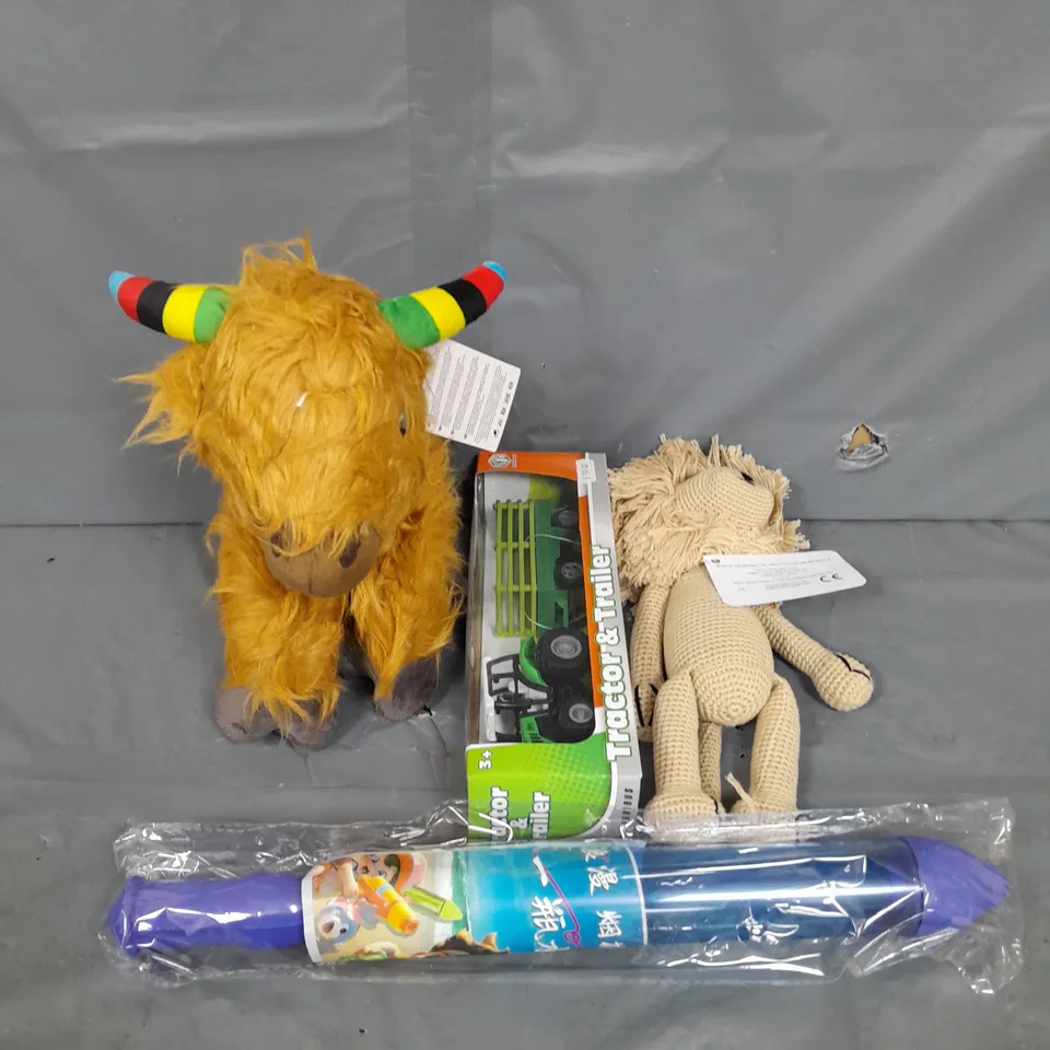 LARGE BOX OF APROXIMATELY 10 ASSORTED TOYS AND GAMES TO INCLUDE TEDDIES, TOY CAR AND WATER SPRAYER