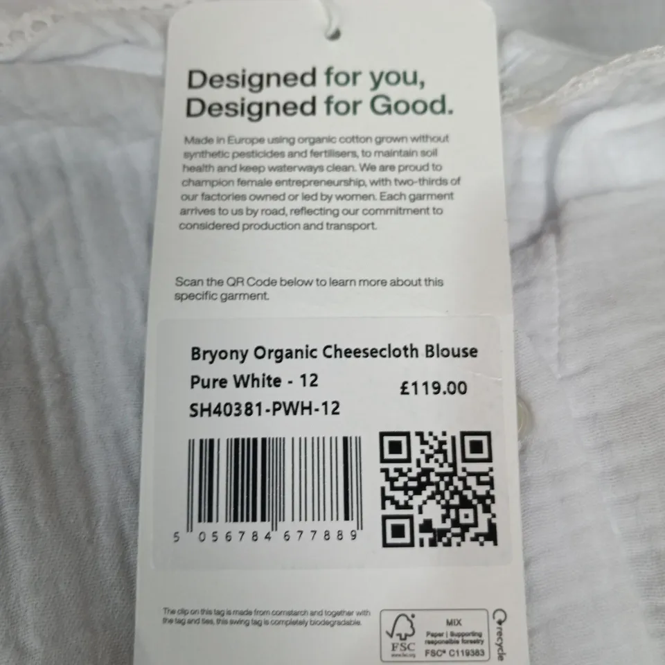 BAUKJEN BRYONY ORGANIC CHEESECLOTH BLOUSE – PURE WHITE – UK 12