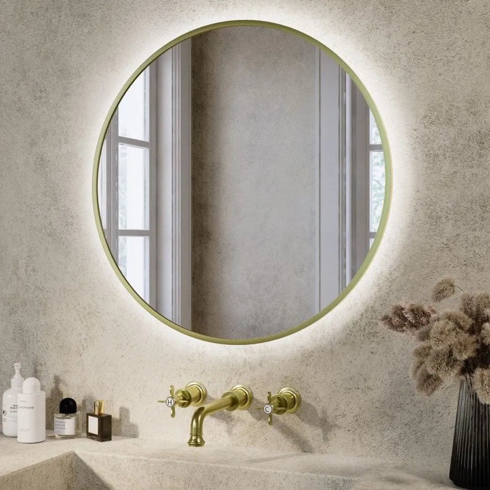 BOXED ROUND BRASS BACKLIT HEATED BATHROOM MIRROR WITH LIGHTS 600MM – ORION
