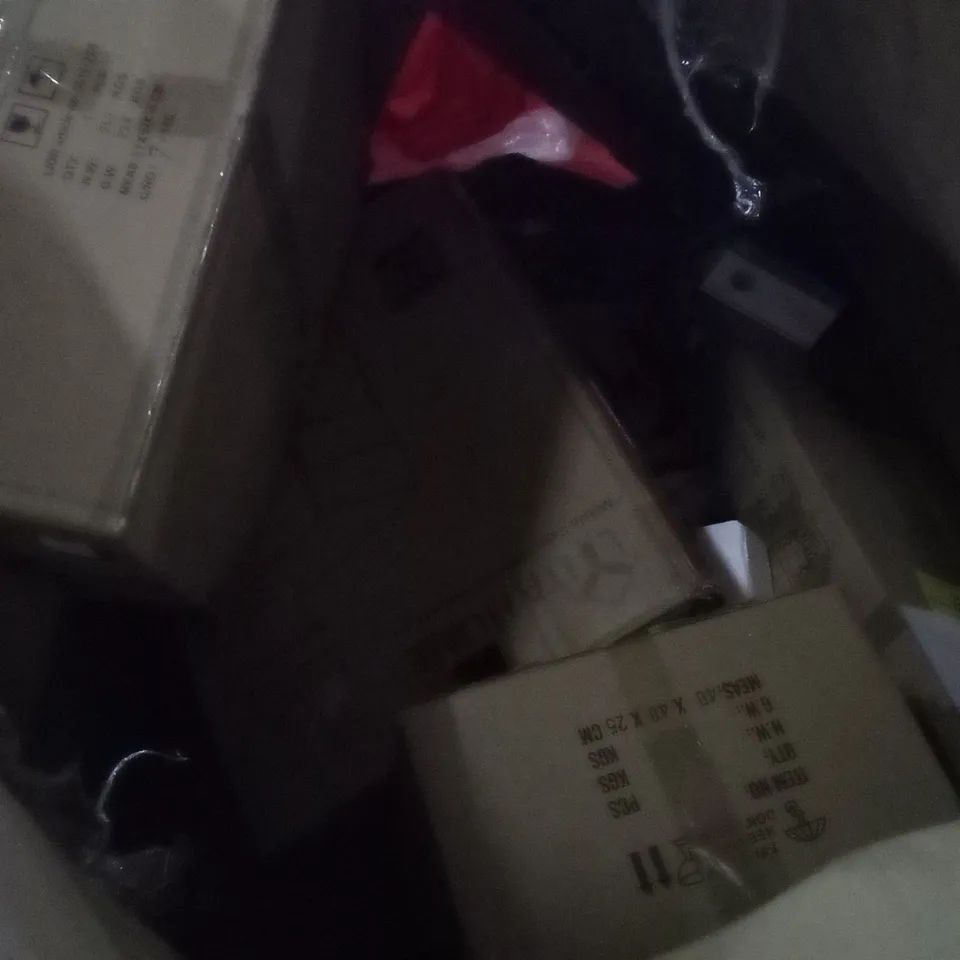 PALLET OF ASSORTED ITEMS INCLUDING AIR BED, SINGLE USE MASK, TONNEAU COVER, PORTABLE WARDROBE 