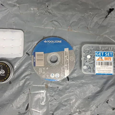APPROXIMATELY 8 ASSORTED HOUSEHOLD ITEMS TO INCLUDE GALVANISED CLOUT NAILS, STEEL CUTTING DISC, ORGANIC WAX, ETC