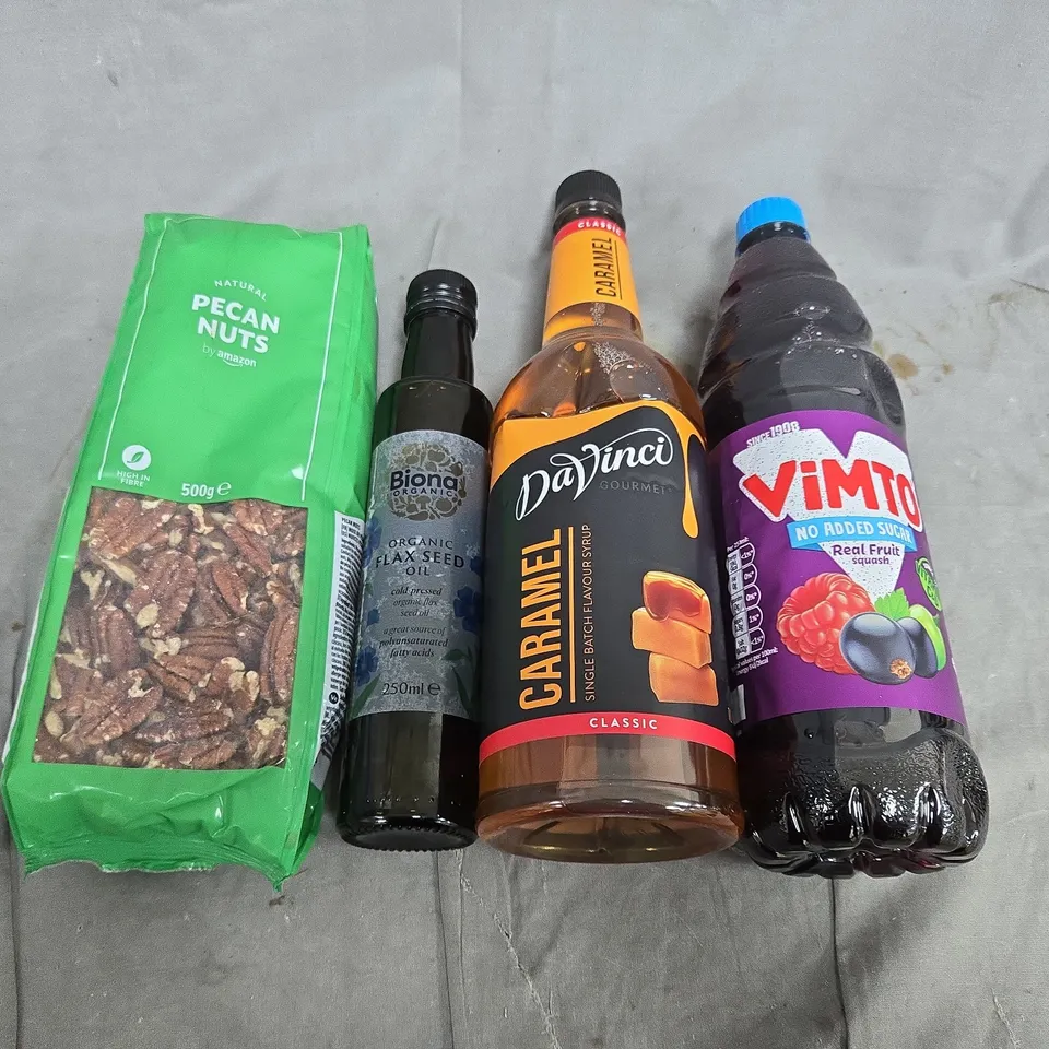APPROXIMATELY 5 ASSORTED FOOD ITEMS TO INCLUDE - VIMTO, PECAN NUTS AND CARAMEL SYRUP