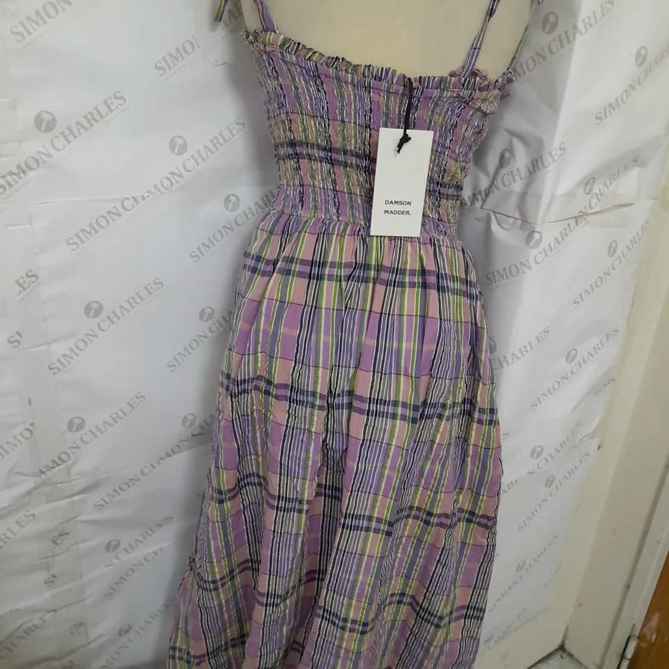 DAMSON MADDER TIE FRONT SHIRRED MIDIDRESS IN PURPLE PLAID SIZE 8