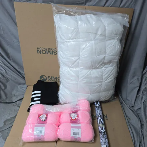 LARGE QUANTITY OF ASSORTED ITEMS TO INCLUDE WALLPAPER ROLLS,PILLOW, TOTE BAG, KNITTING YARN, ETC - COLLECTION ONLY