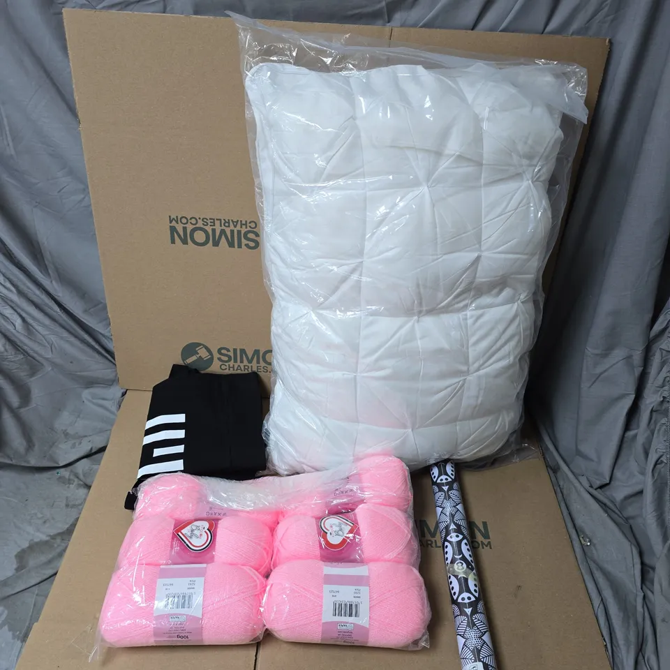 LARGE QUANTITY OF ASSORTED ITEMS TO INCLUDE WALLPAPER ROLLS,PILLOW, TOTE BAG, KNITTING YARN, ETC - COLLECTION ONLY