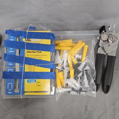 APPROXIMATELY 10 ASSORTED HOUSEHOLD ITEMS TO INCLUDE CAN OPENER, TACWISE STAPLES, ETC