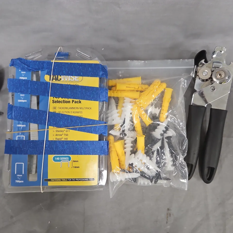 APPROXIMATELY 10 ASSORTED HOUSEHOLD ITEMS TO INCLUDE CAN OPENER, TACWISE STAPLES, ETC