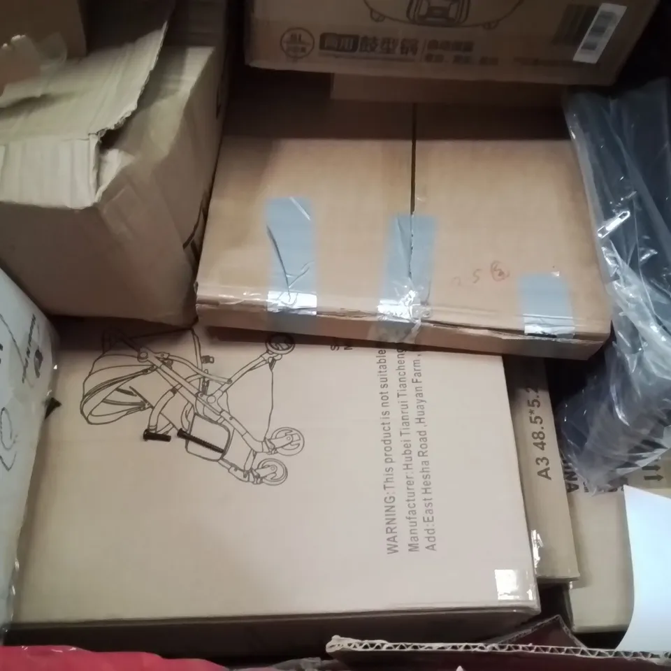 PALLET CONTAINING VARIOUS ASSORTED BOXED HOUSEHOLD ITEMS TO INCLUDE: 8 DRAWER STORAGE DRESSER, OFFICE CHAIR, PUSH CHAIR, LED ROPE LIGHTS, ELECTRIC HOB AND LOTS MORE UNMARKED BOXED ITEMS