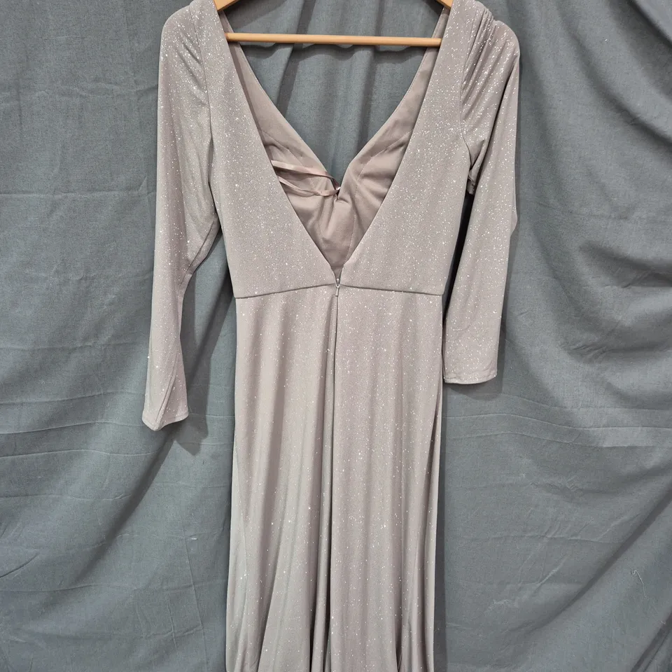 WOMEN'S GREY GLITTER EVENING DRESS WITH DRAPED FRONT AND LONG SLEEVES - SIZE 6