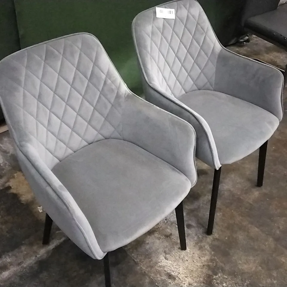 DESIGNER PAIR OF LIGHT GREY PLUSH VELVET PILLOWED DINING CHAIRS WITH ARMREST AND BLACK LEGS
